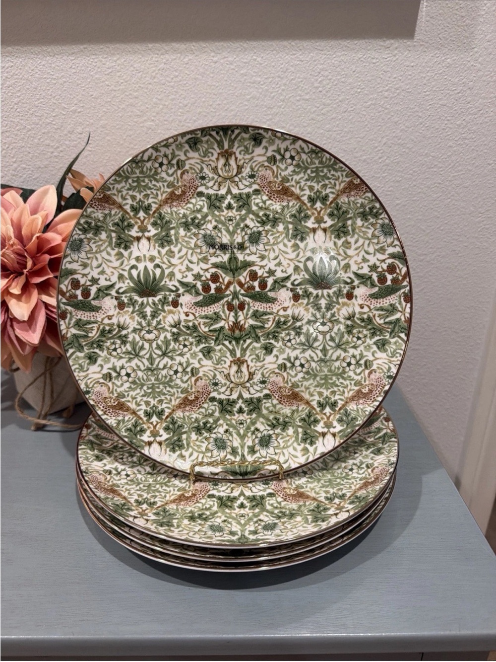 Set of 4 Morris & Co. Strawberry Thief Dinner Plates with Gold Rim/NEW